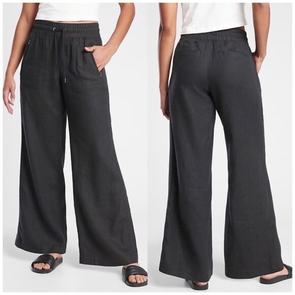 Athleta Cabo Black Linen Wide Leg Mid Rise Pant Size 4 - Picture 1 of 8